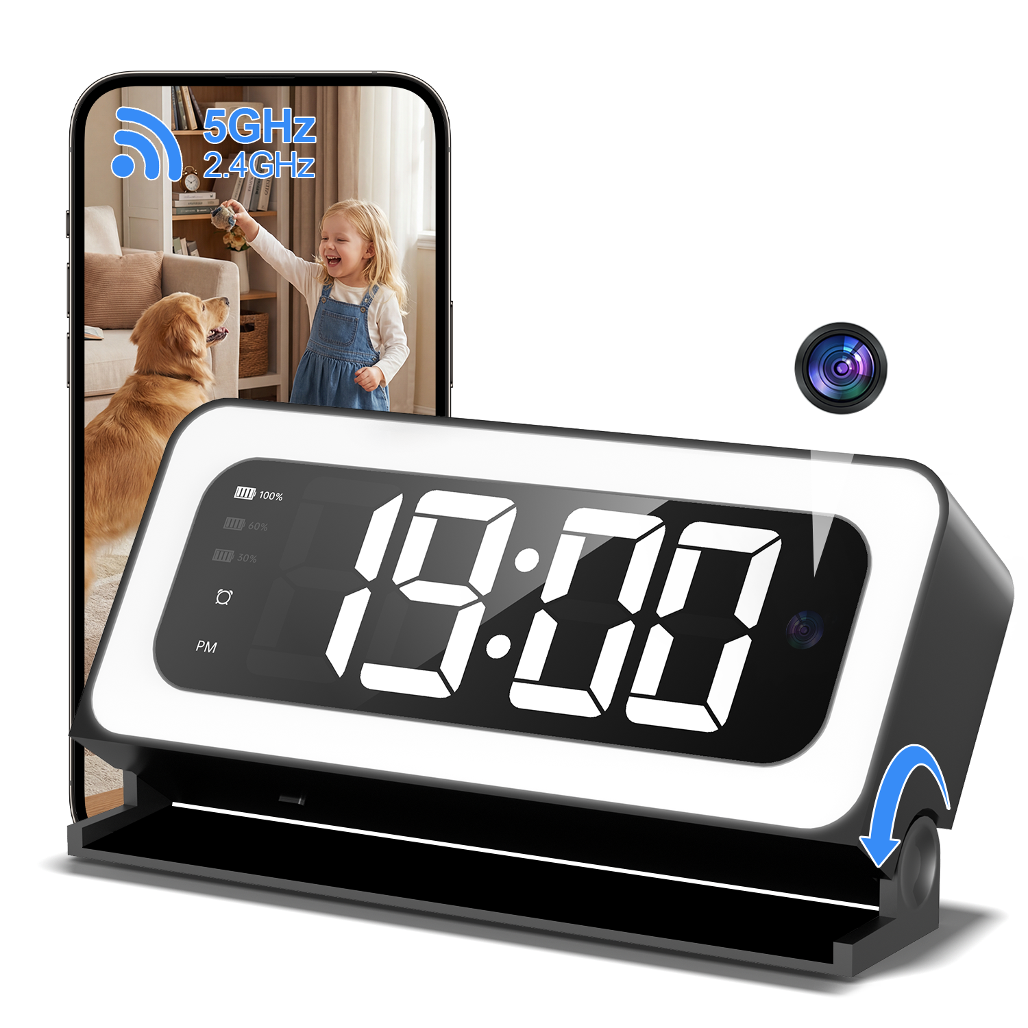 Gyliziex 2K Clock Digital Alarm Camera, 5G&2.4G Wireless Pet Nanny Cameras Indoor, Full Colored Night Vision, Human Motion Detection
